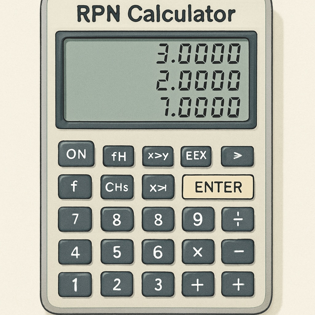 An image of a modern RPN calculator, showcasing its streamlined interface designed for efficient mathematical calculations. RPN calculator displaying its efficient interface for mathematical computations