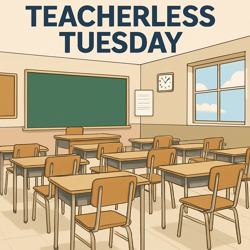 A classroom with empty chairs and desks, symbolizing the absence of teachers during a Teacherless Tuesday event. An empty classroom symbolizing Teacherless Tuesday's impact.