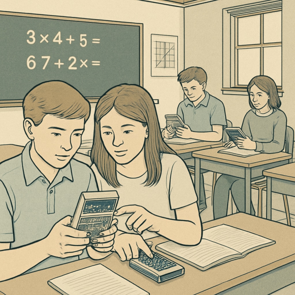 A classroom setting where students are using RPN calculators to solve mathematical problems, highlighting their collaborative learning experience. Students solving math problems with RPN calculators in a classroom setting
