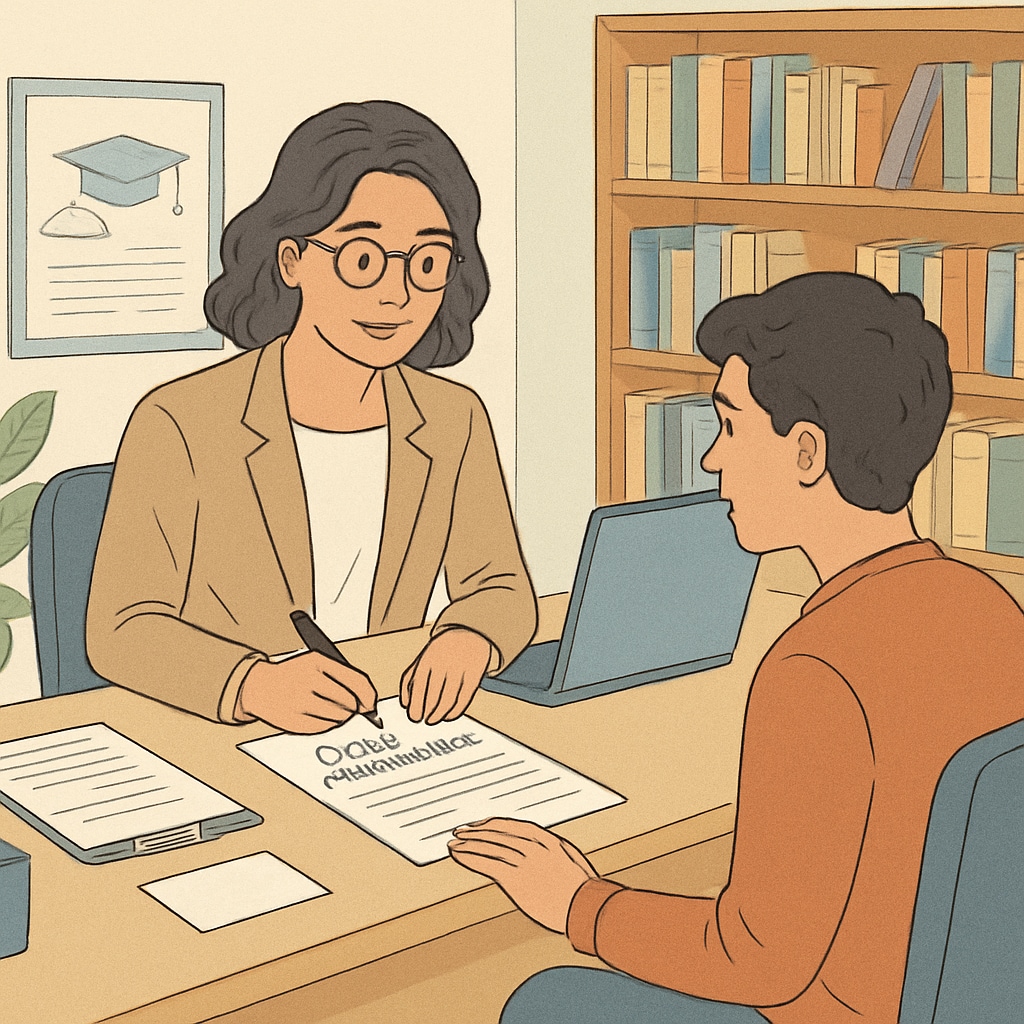 A school counselor supporting a student in a school setting.