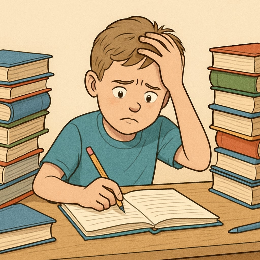 A young child sitting at a desk with piles of books, looking stressed while attempting to complete homework. A stressed first grader at a desk surrounded by books, illustrating college application pressure.