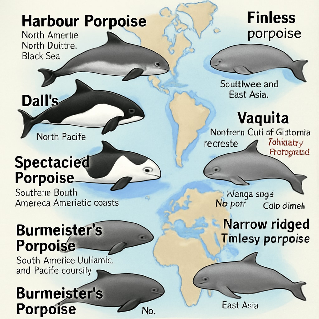 A diagram illustrating the seven species of porpoises, their habitats, and key features. Diagram of porpoise species, showing habitats and unique characteristics.