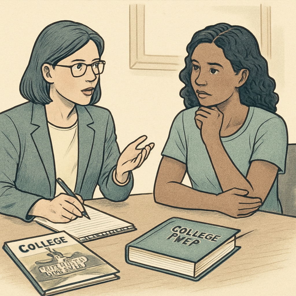 A teacher and parent discussing a young student’s future, with materials related to college preparation on the table. A parent and teacher discussing a first grader’s education, highlighting early academic pressure.