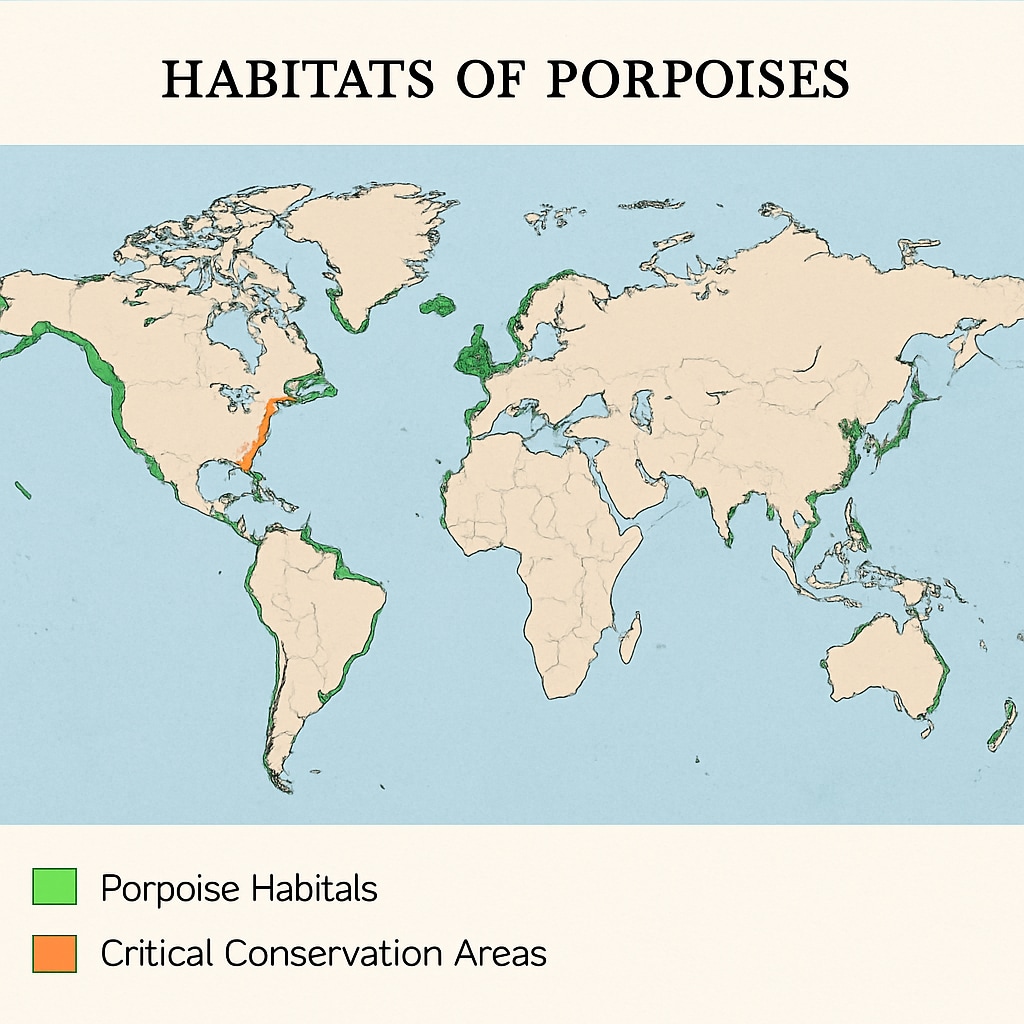 A map highlighting the habitats of porpoises worldwide, including areas where conservation efforts are critical. Map of global porpoise habitats with conservation hotspots.