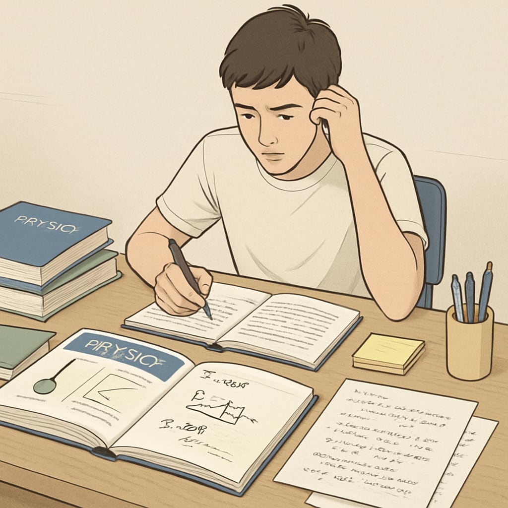 A high school student reviewing physics concepts at a desk, surrounded by textbooks and notes. High school student reviewing physics concepts for backlogs and exam preparation.