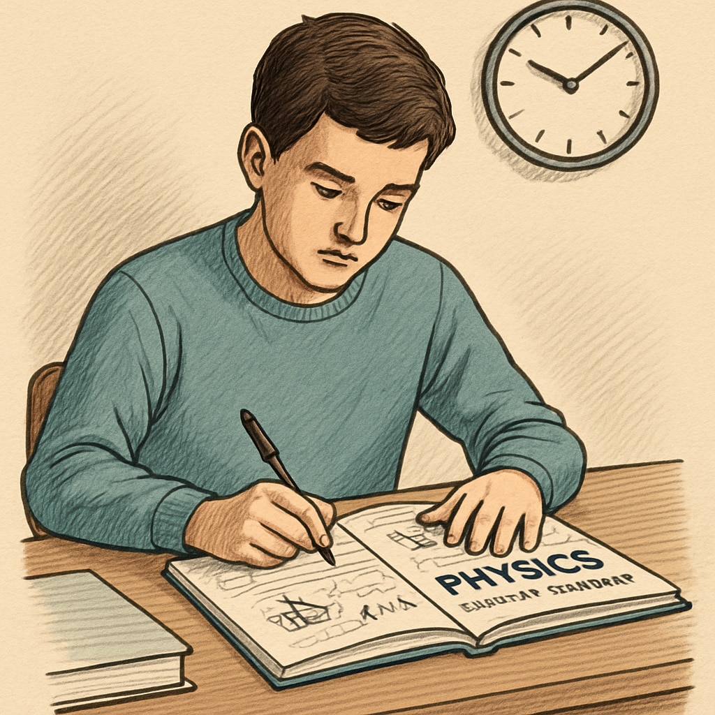 A student solving physics problems using a practice workbook, with a clock indicating time management. Student solving physics problems with a focus on time management and exam preparation.
