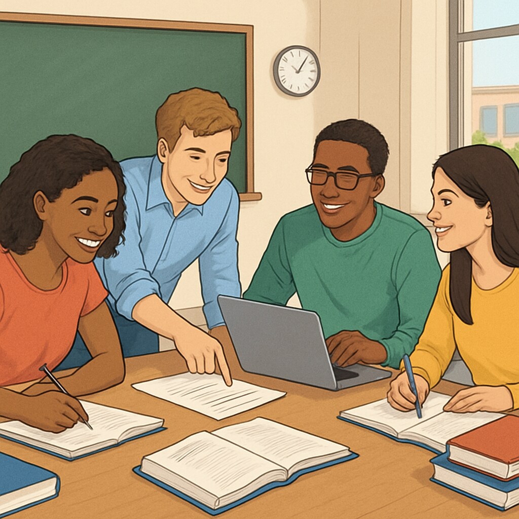 A classroom filled with diverse college students engaged in a group project, showcasing collaborative and personalized learning. Diverse college students collaborating on a group project, representing student-centered learning.