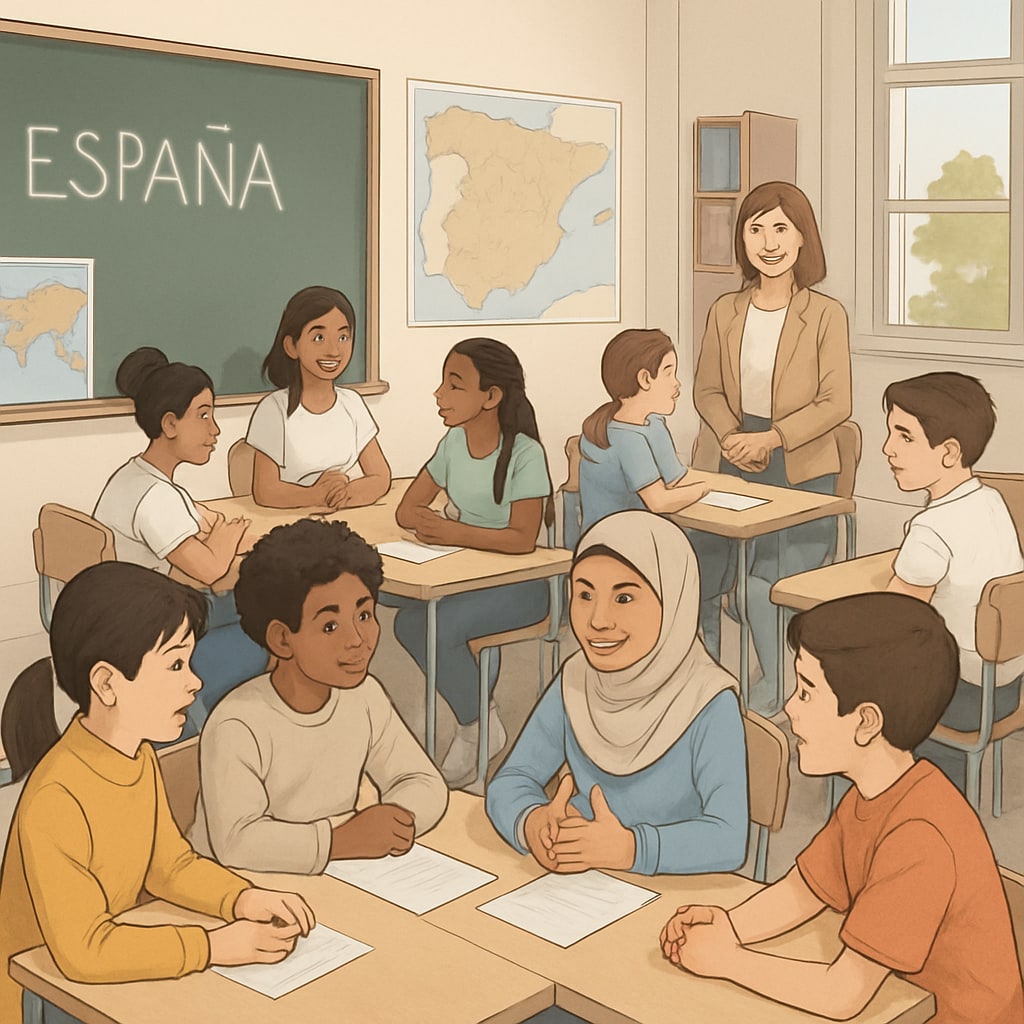 A diverse classroom setting in Spain, with students from various backgrounds engaging in group discussions, representing the importance of cultural integration in education. Diverse classroom in Spain with students discussing cultural topics.