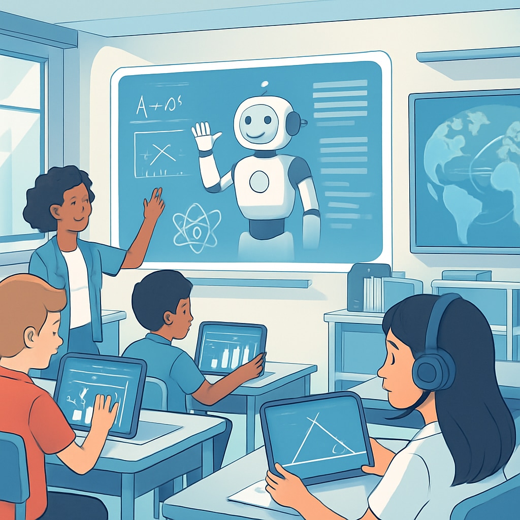 A futuristic classroom where students engage with AI-driven learning tools. AI-powered learning environment in a K12 classroom.
