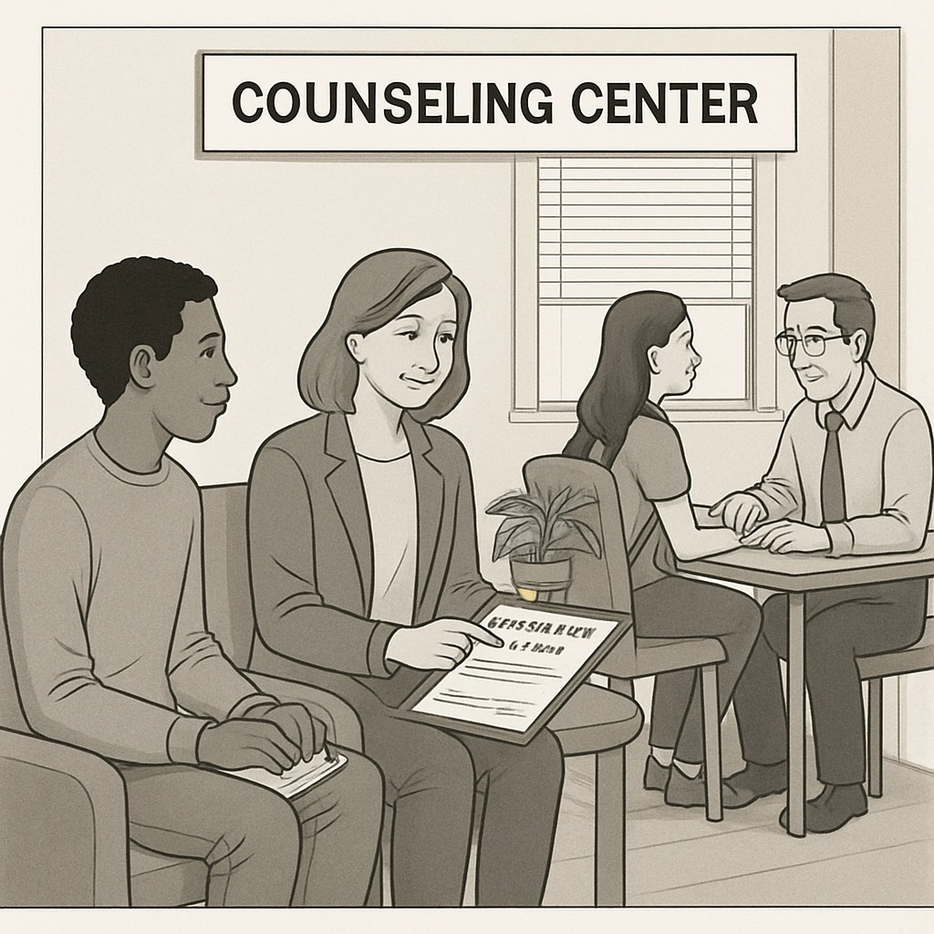 A university counseling center with students discussing academic plans with advisors, highlighting the importance of support services. Students at a university counseling center receiving academic guidance from advisors.