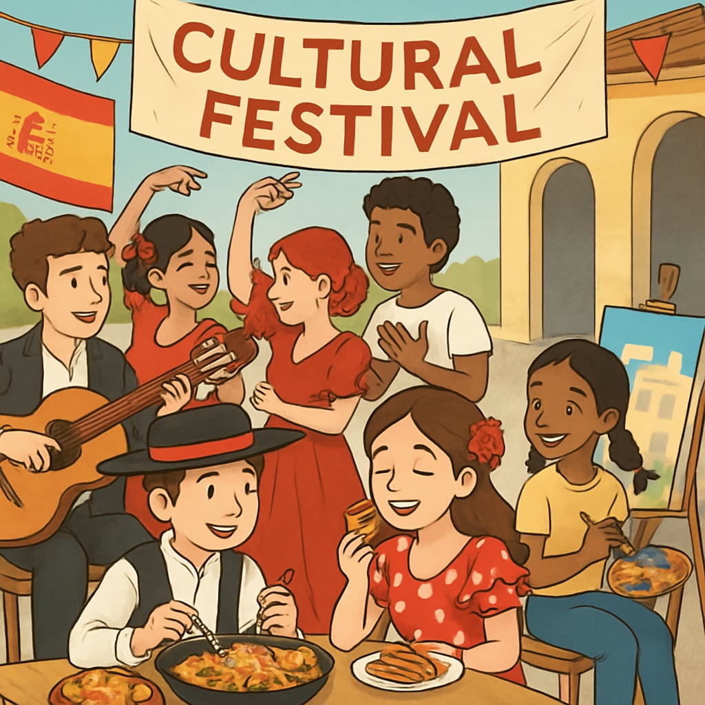 Students enjoying a cultural festival in Spain, showcasing traditional Spanish costumes, food, and activities that highlight the importance of cultural immersion. Students at a Spanish cultural festival celebrating diversity.