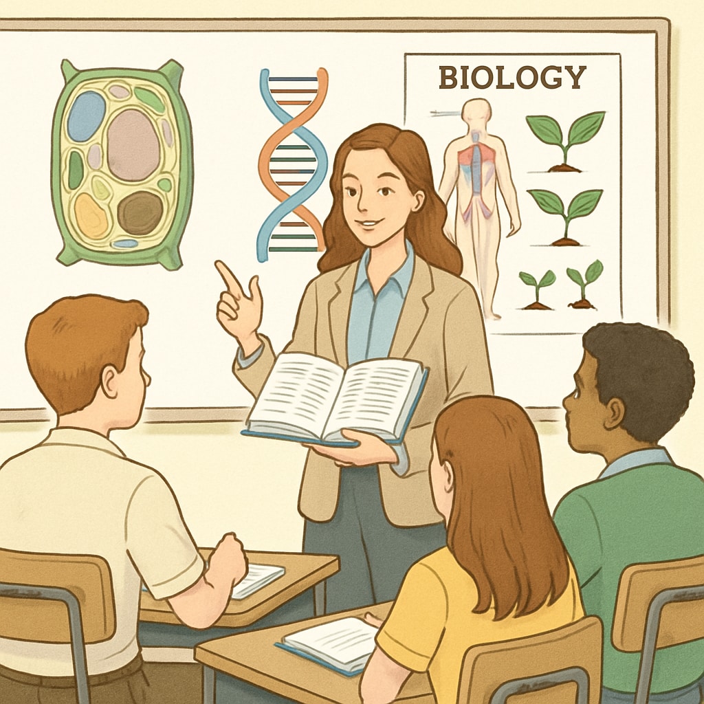 A biology student teaching a science class to high school students. Biology graduate teaching science to high school students in a classroom.