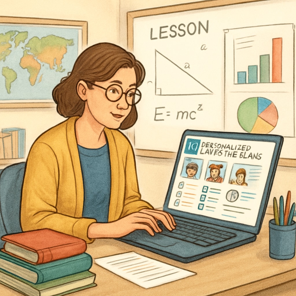 A teacher using AI software to create personalized learning plans for students. Educator leveraging AI in a modern classroom setting.