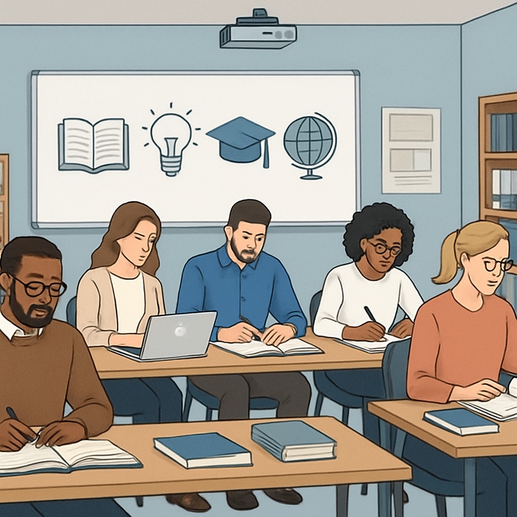 A university classroom with graduate students studying education-related topics. Graduate students in an education master's program discussing teaching strategies.
