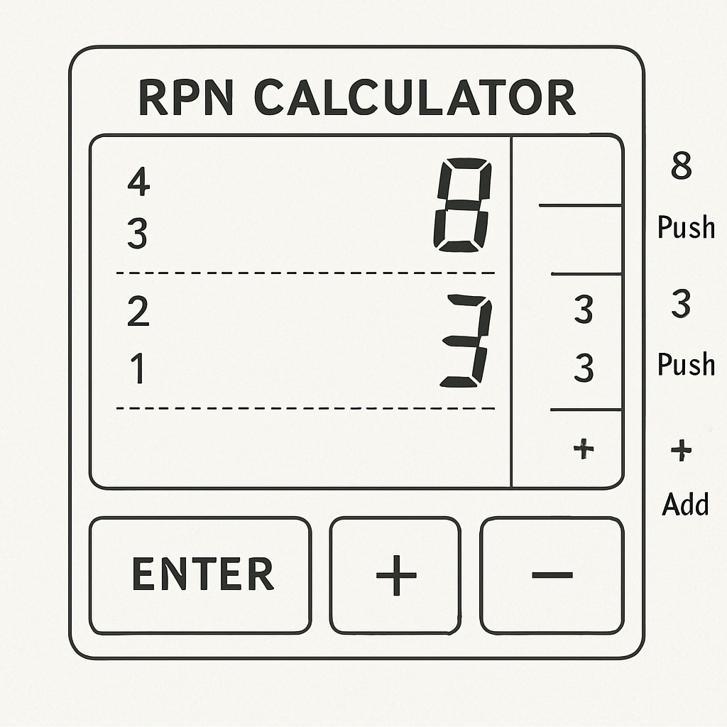A technical illustration of an RPN calculator screen showing a sample calculation using reverse Polish notation. RPN calculator screen demonstrating reverse Polish notation.