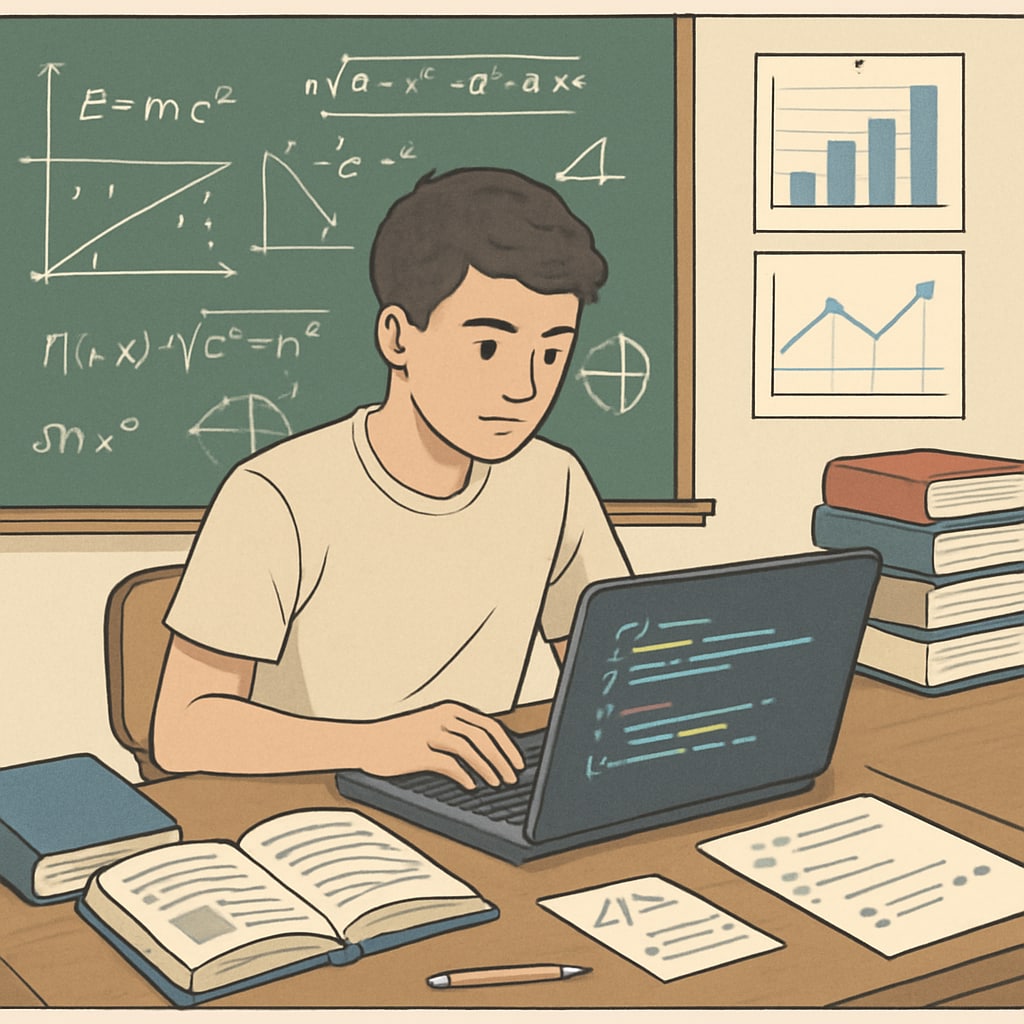A high school student working on a coding project to demonstrate skills needed for data science applications. High school student coding for data science preparation