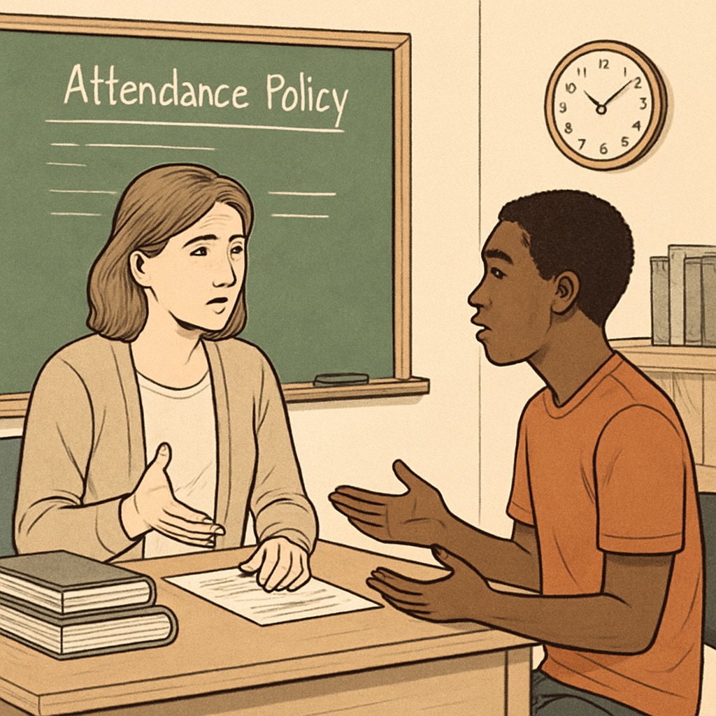 A classroom setting where a student discusses attendance issues with a teacher, symbolizing the challenges of strict policies. Student discussing attendance policies with a teacher in a classroom.
