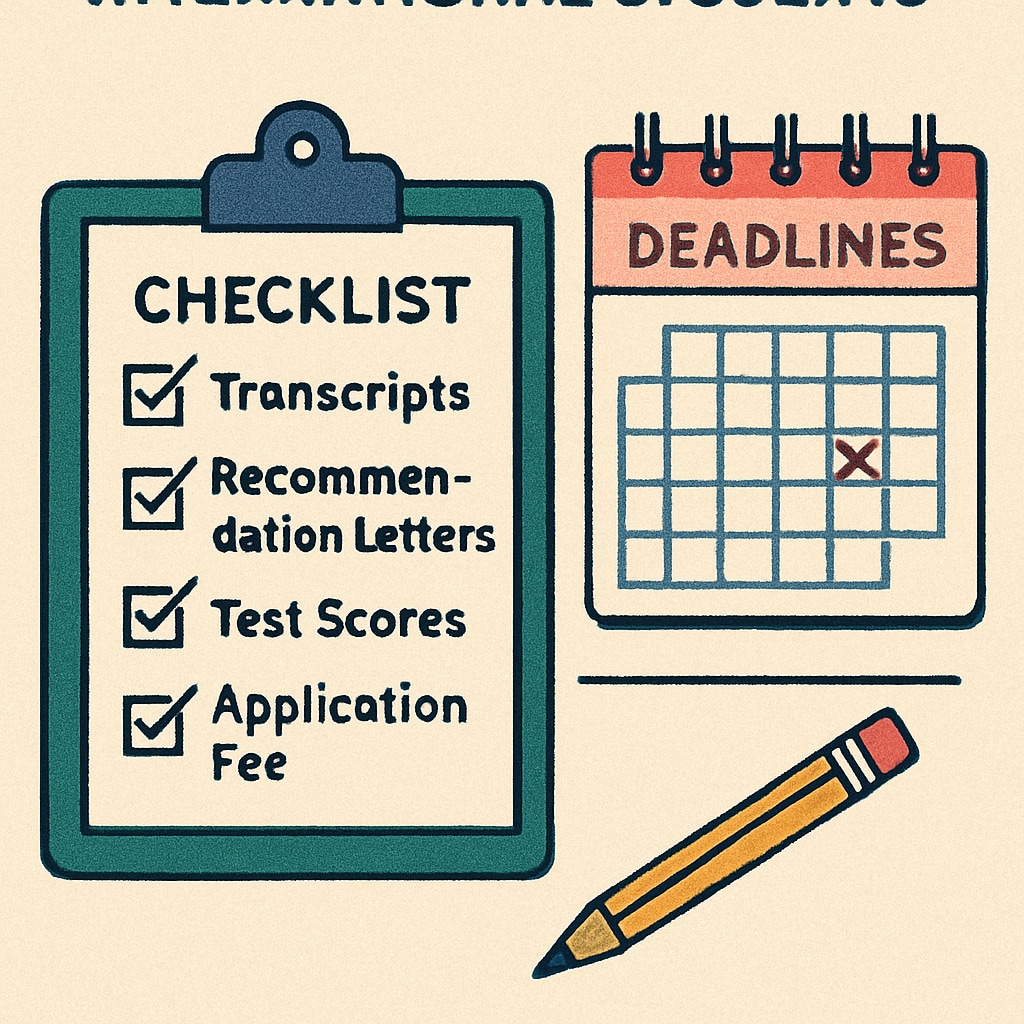 A checklist with application documents and deadlines for U.S. university admissions, designed for international students. Checklist for U.S. university application process