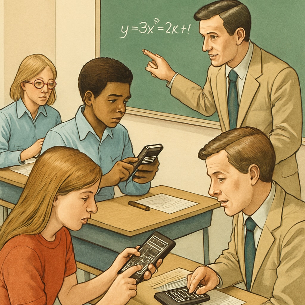 Students in a classroom setting using RPN calculators during a math lesson. Students using RPN calculators in a classroom for math practice.