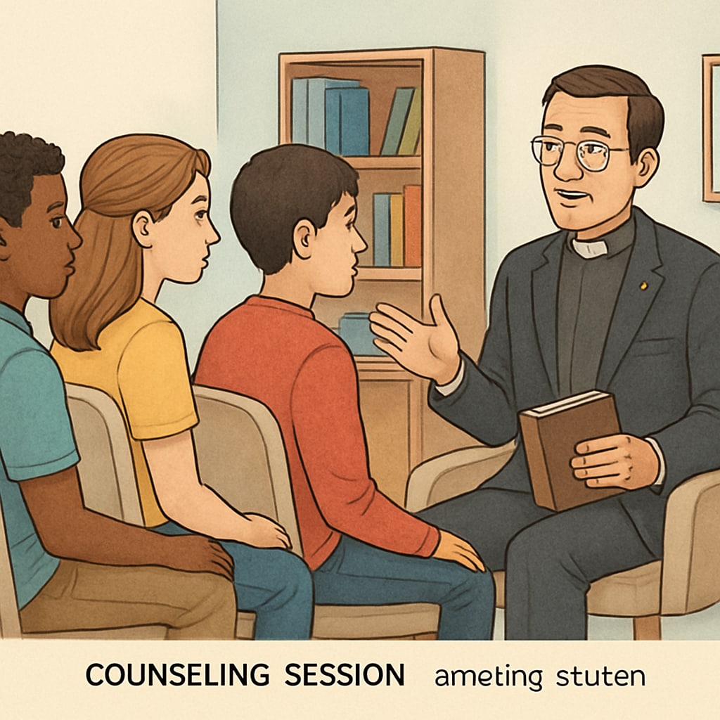 A group of students attending a counseling session with a church representative, illustrating the involvement of religious institutions in school policies. Students in a counseling session with a church representative addressing attendance issues.