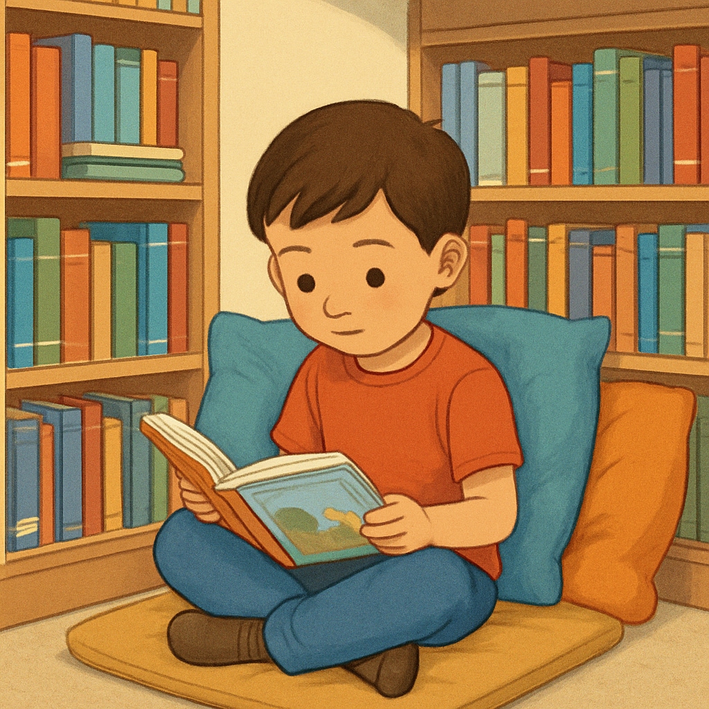A child sitting in a cozy reading nook, surrounded by books and soft cushions, deeply engrossed in a story. Child reading in a comfortable nook, fostering a love for books and comprehension skills.