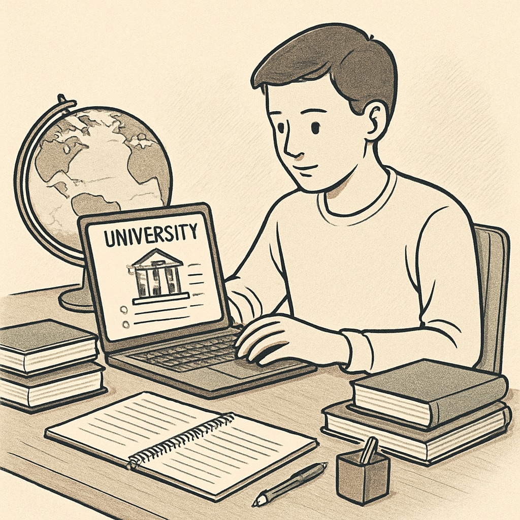 A student researching universities on a laptop, surrounded by study materials and a globe to symbolize international options. Researching affordable universities for AS Level students.