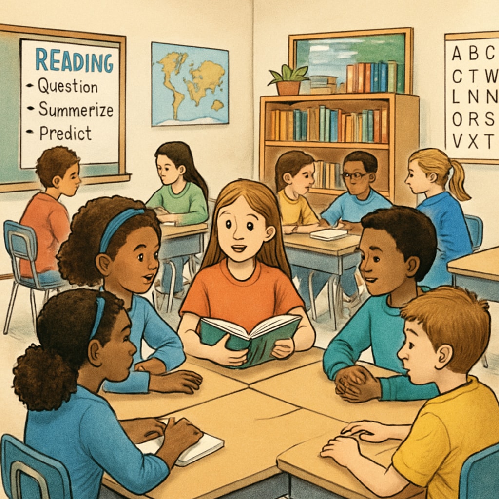Fifth-grade students working in groups on reading comprehension exercises.