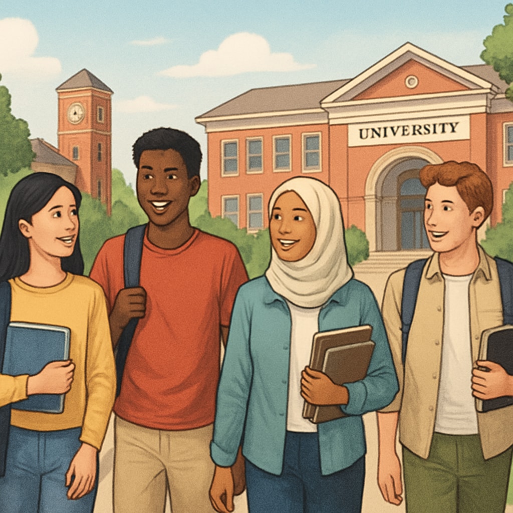 A diverse group of students walking on an affordable university campus, showcasing inclusivity and international opportunities. Affordable university campus for international AS Level students.
