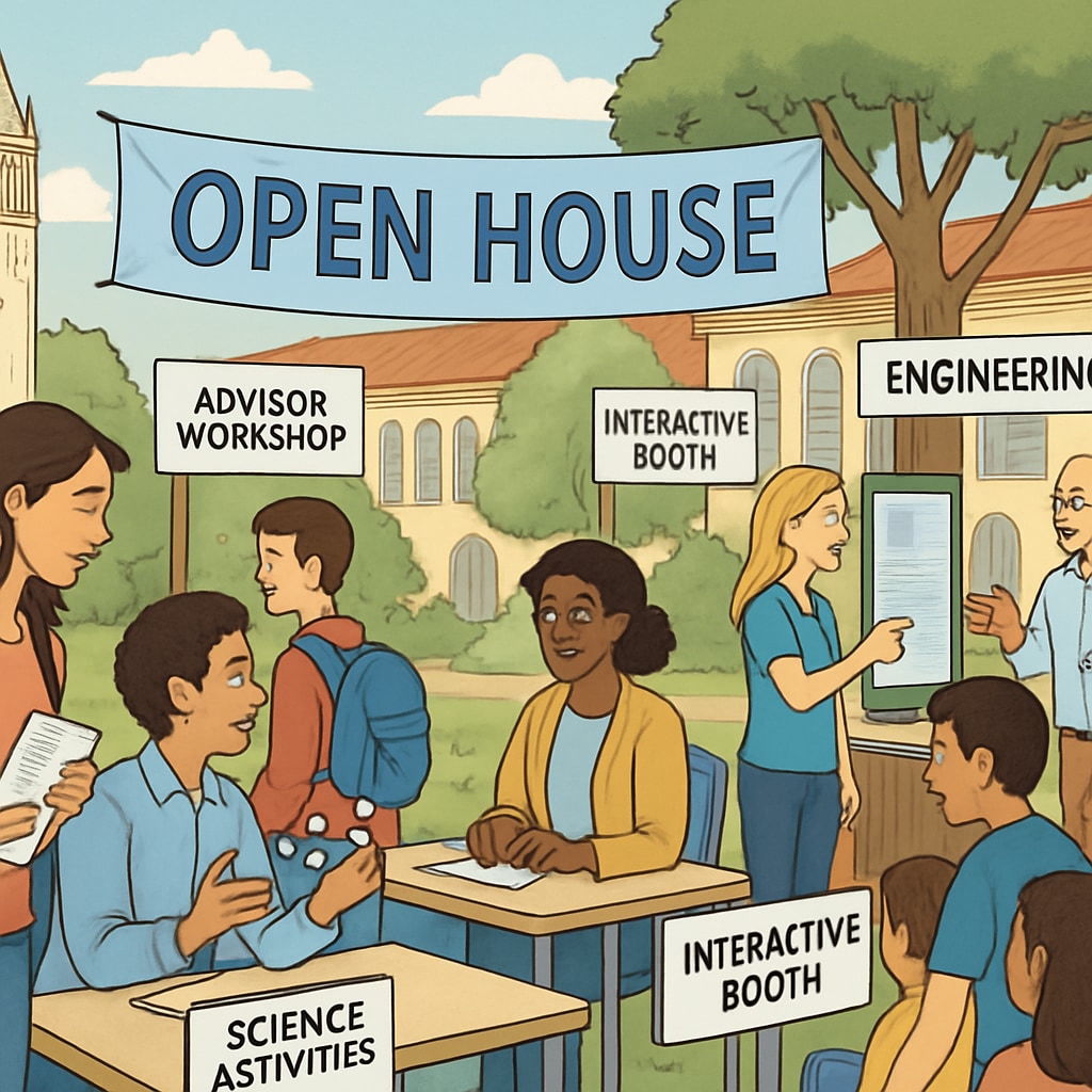 Students and staff participating in an open house event at a UC campus, showcasing workshops and interactive booths. UC campus open house with students and staff engaging in discussions.