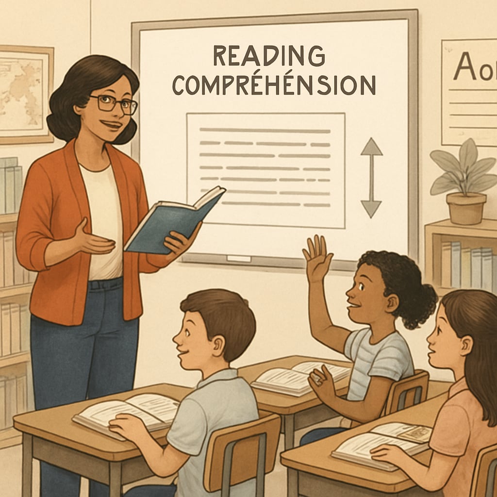 A teacher guiding students in a classroom while discussing a reading comprehension passage. Teacher engaging students in reading comprehension, text complexity, and related activities.