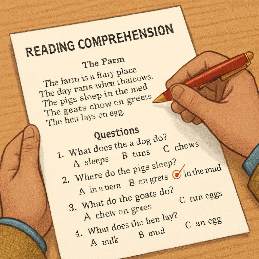 A close-up of a teacher’s hands reviewing a printed reading comprehension assessment. Teacher evaluating a reading comprehension passage as part of text complexity research.
