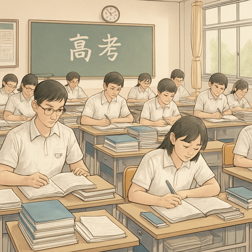 A high school classroom in China, where students are focused on preparing for the Gaokao exam. Chinese high school students preparing for exams in a classroom setting.