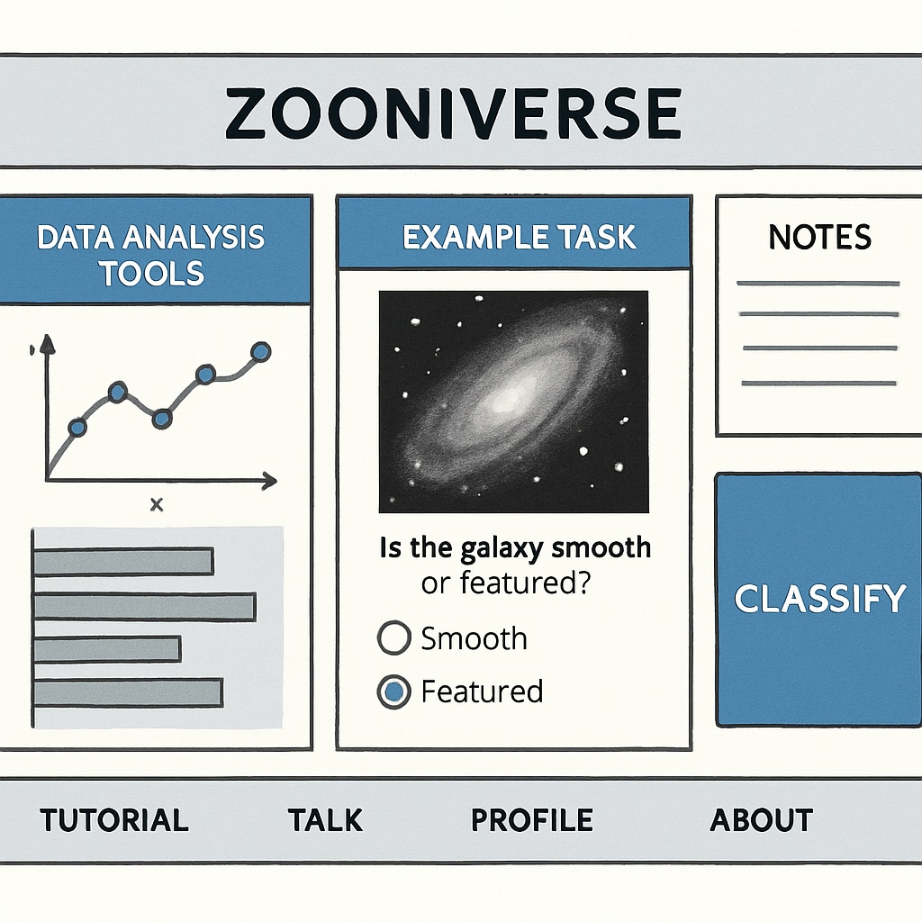A detailed screenshot of a Zooniverse project interface, showing data analysis tools and example tasks. Zooniverse project interface illustrating data analysis and task instructions.