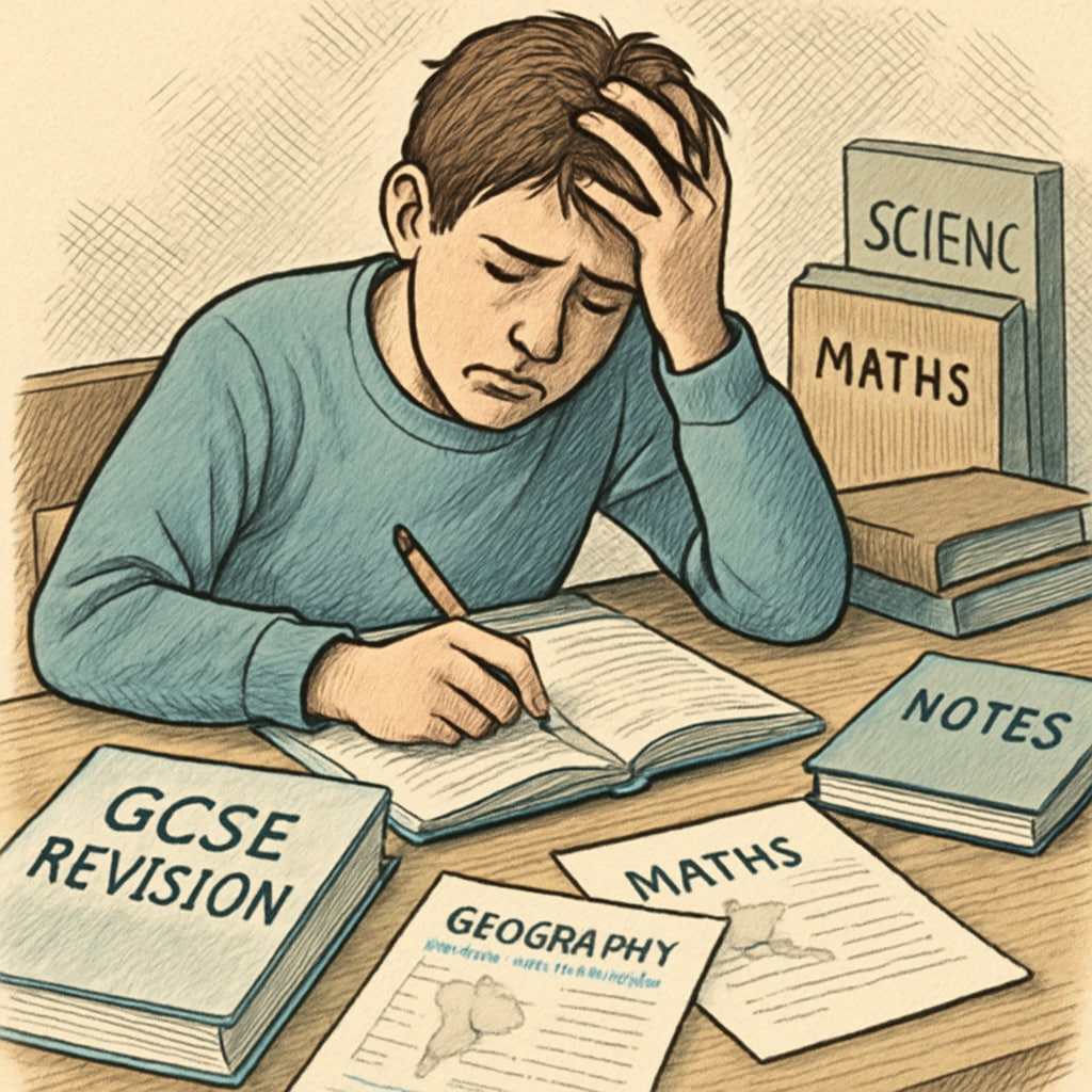 A stressed student sitting with GCSE revision materials, representing exam anxiety. A student experiencing anxiety over GCSE results and academic pressure.