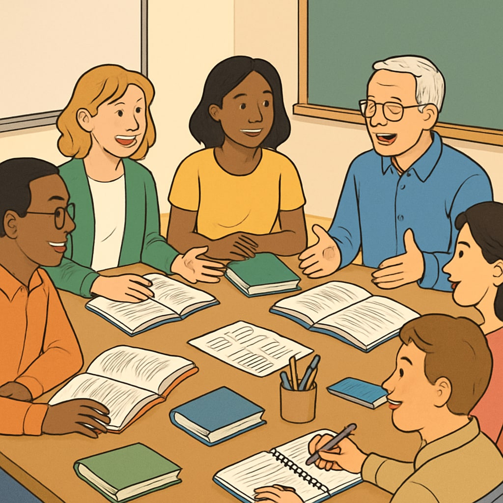 A group of adults engaged in a community learning session, illustrating collaborative efforts to address educational gaps. Adults collaborating in a learning environment to overcome educational deficiencies.