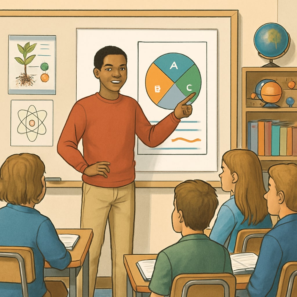 An American high school student giving a presentation during a science class. US high school student presenting a science project in a classroom environment.