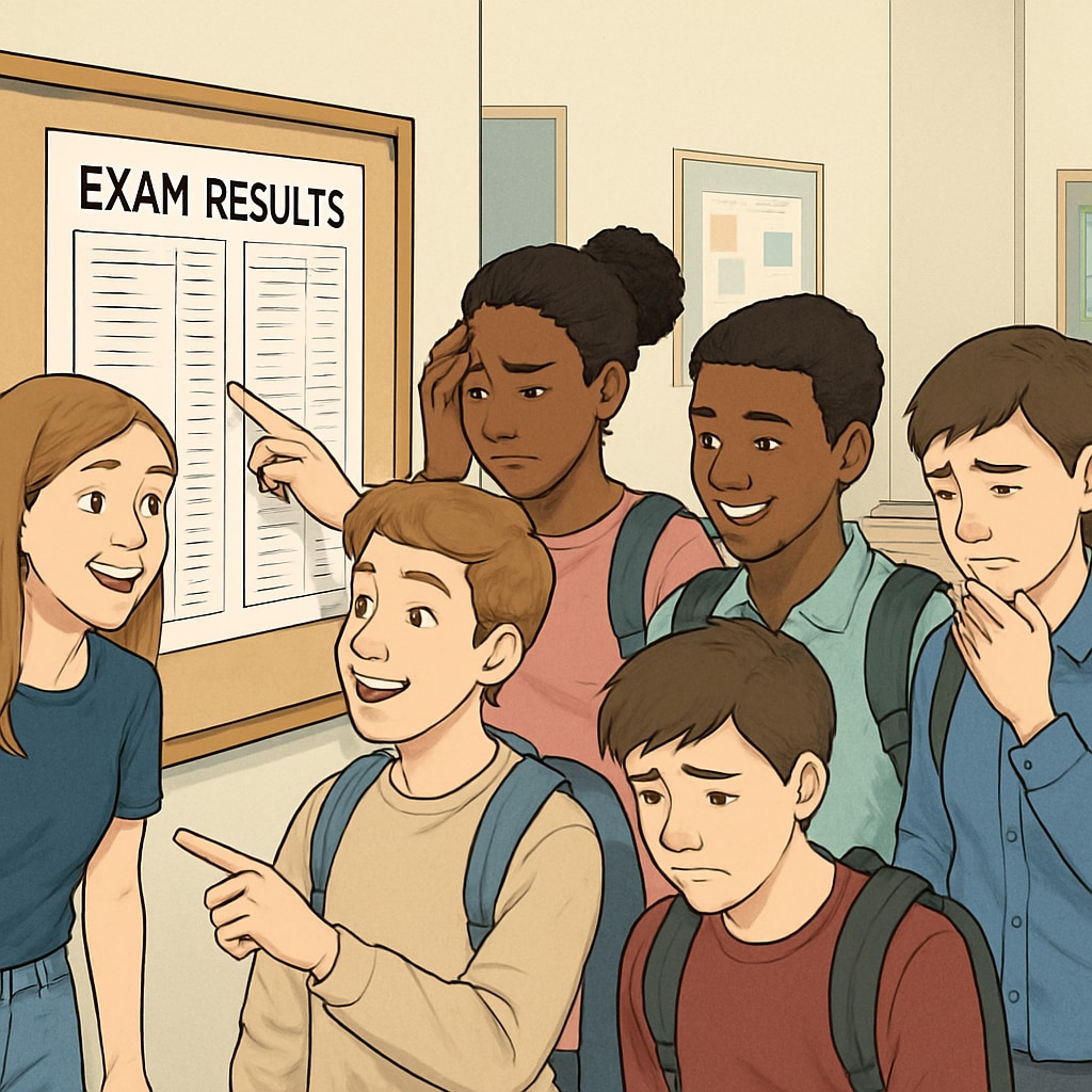 A group of students looking at their exam results, showcasing a mix of emotions ranging from joy to disappointment. Students reacting to GCSE results, illustrating academic struggles and self-doubt.