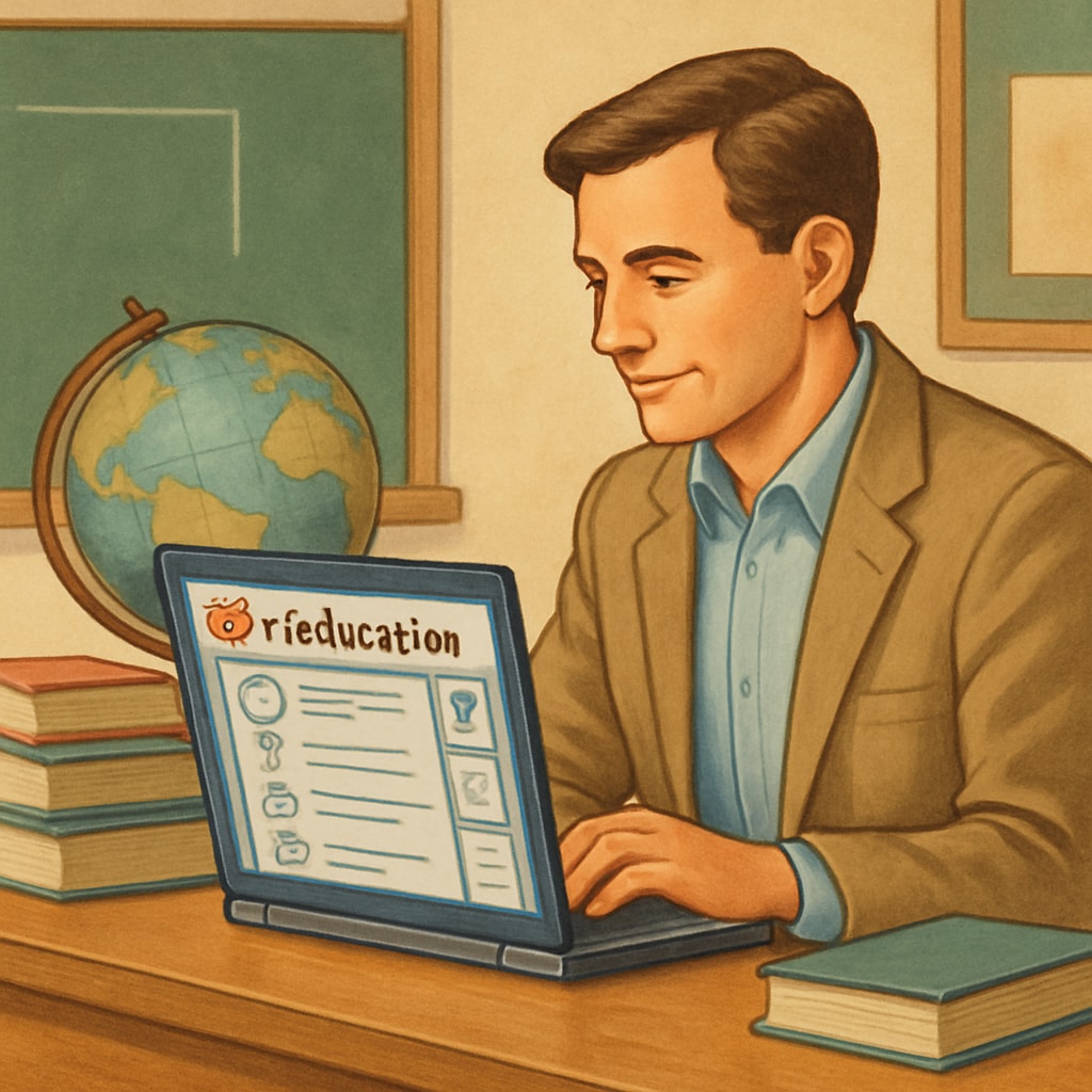 A teacher using a laptop to browse an educational subreddit, symbolizing the digital connection between educators worldwide. Teacher browsing education-focused subreddits on Reddit.