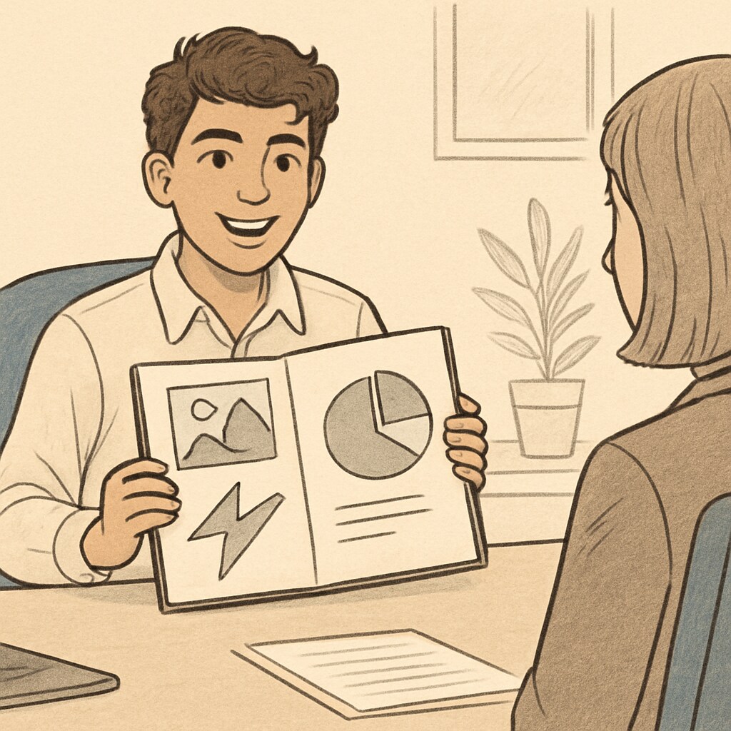 A young person presenting a creative portfolio, smiling confidently during a job interview. Student showcasing their creative work, emphasizing success beyond GCSE results.