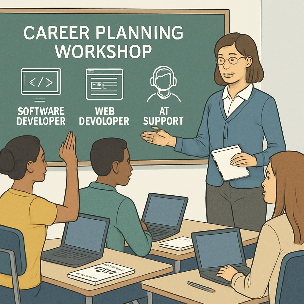 A classroom setting where students are engaged in a career planning workshop, discussing IT-related professions. Career planning workshop with students exploring IT professions.