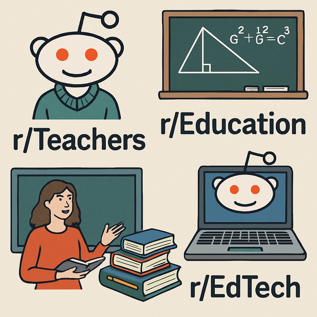 A collage of subreddit logos like r/Teachers, r/Education, and r/EdTech, illustrating the diversity of education-focused communities on Reddit. Subreddit logos related to education, including r/Teachers and r/Education.