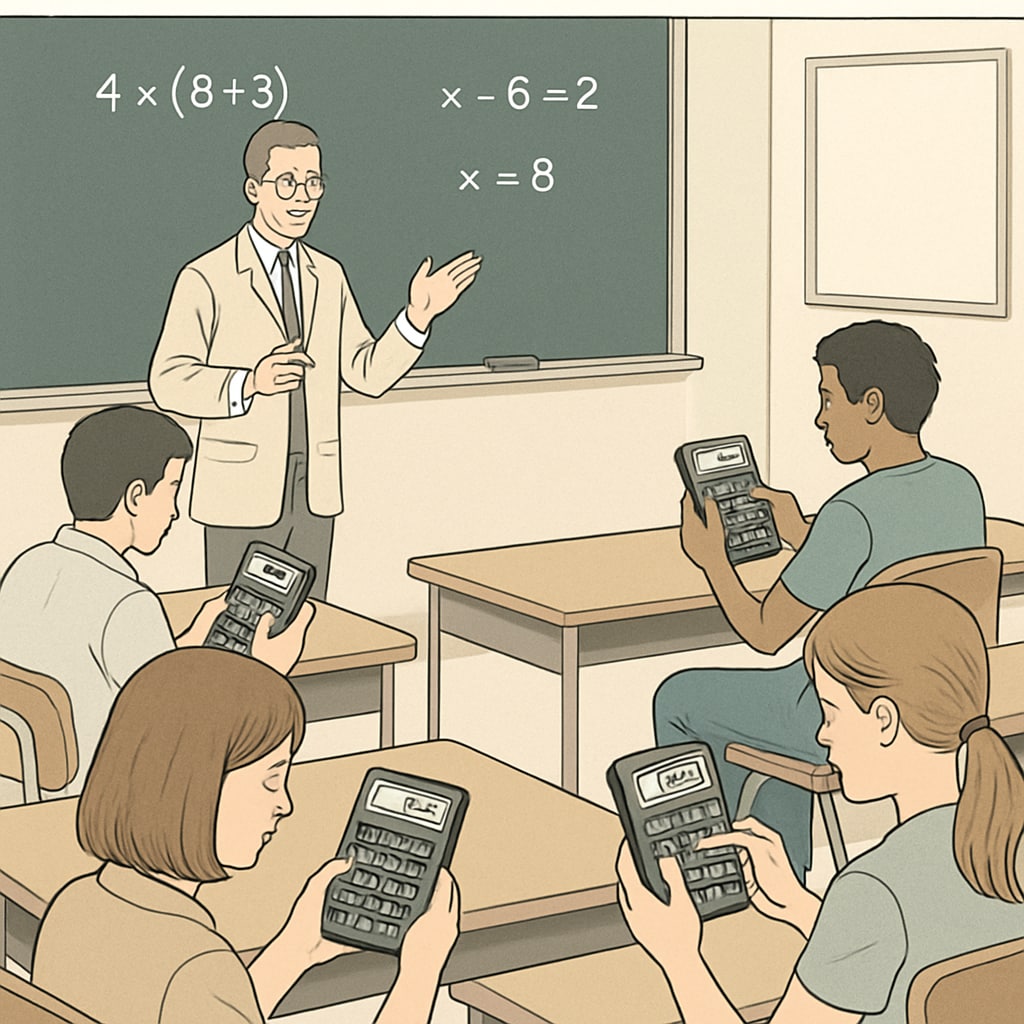 Students in a classroom using RPN calculators during a math lesson, illustrating its application in education. Classroom usage of RPN calculators during a math exercise.