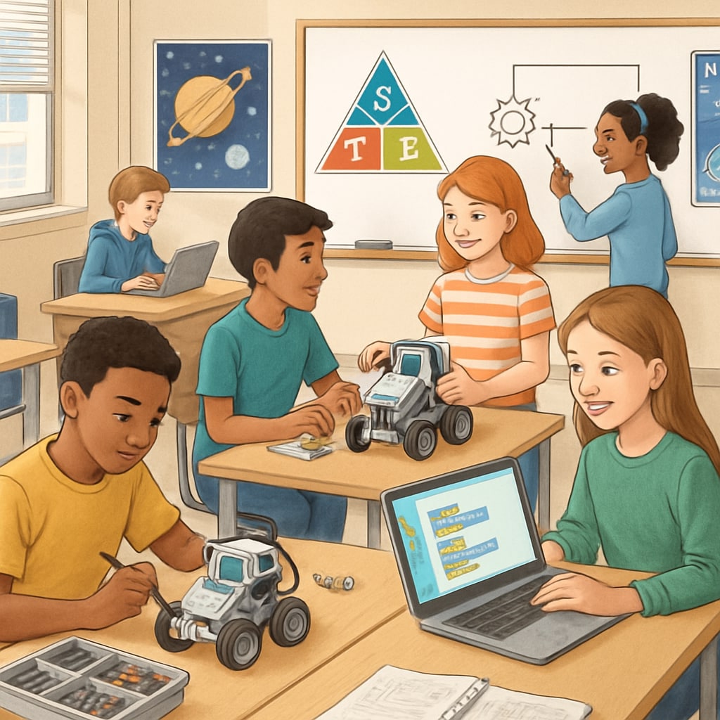 A modern American classroom with students engaging in STEM activities such as robotics and coding projects; vibrant and collaborative learning environment. Students in an American high school STEM class engaging in robotics and coding activities