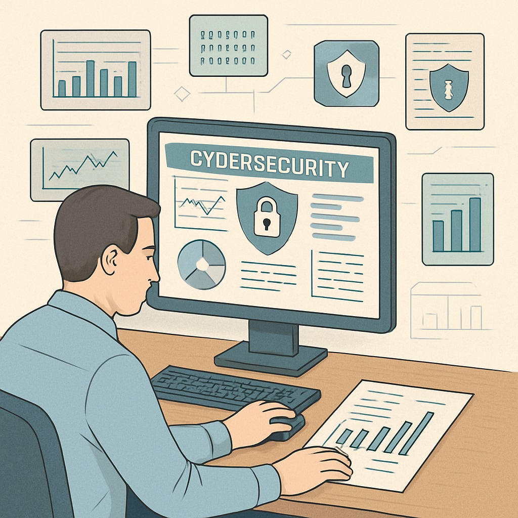 A professional at a desk working on a cybersecurity dashboard. An IT professional analyzing data on a cybersecurity interface.