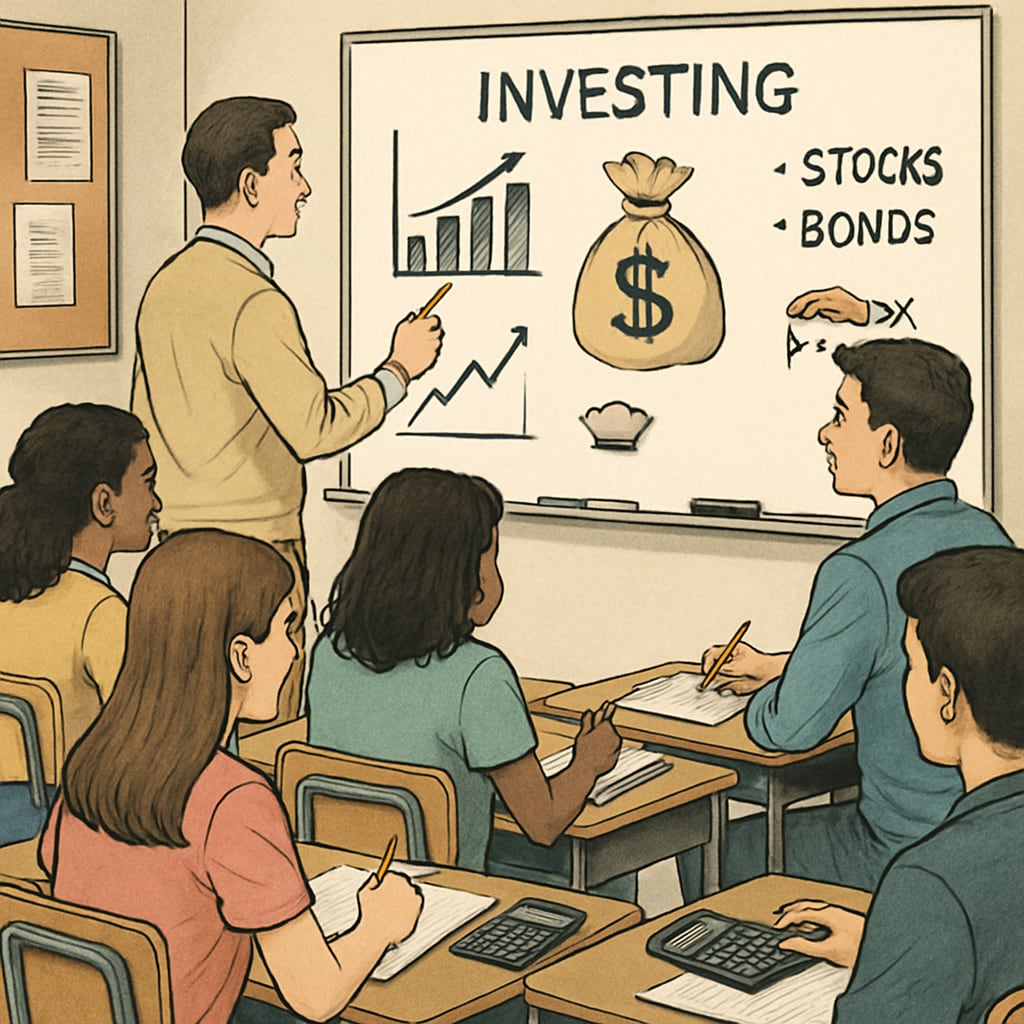A classroom of high school students engaging in a financial literacy workshop with a teacher explaining investment basics. High school students learning financial literacy and commercial analysis from a teacher.