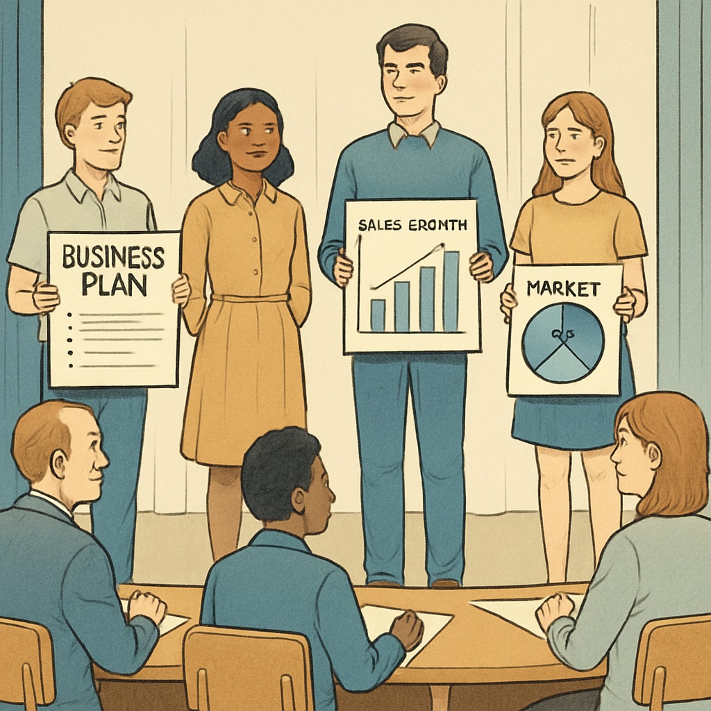 A group of students presenting their mock business plans to a panel of teachers and parents during a school event. Students presenting business plans, demonstrating financial literacy and commercial analysis skills.