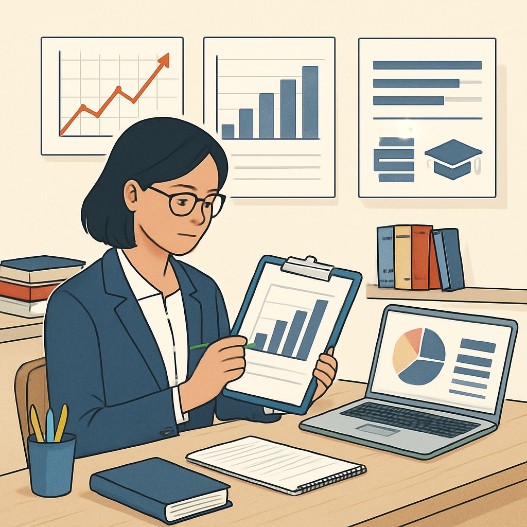 A professional analyzing data charts related to education management. Data analytics in education management using business analytics and finance.