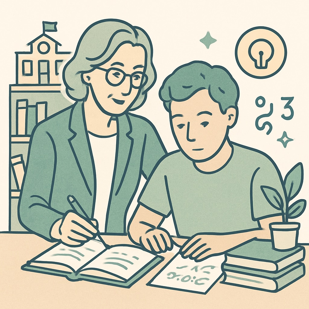A dedicated tutor assisting a student in a school library to symbolize academic support. Academic support systems in schools to improve student completion rates.