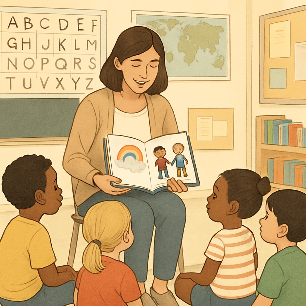 A teacher reading a storybook to children, emphasizing inclusion and equality in early education.