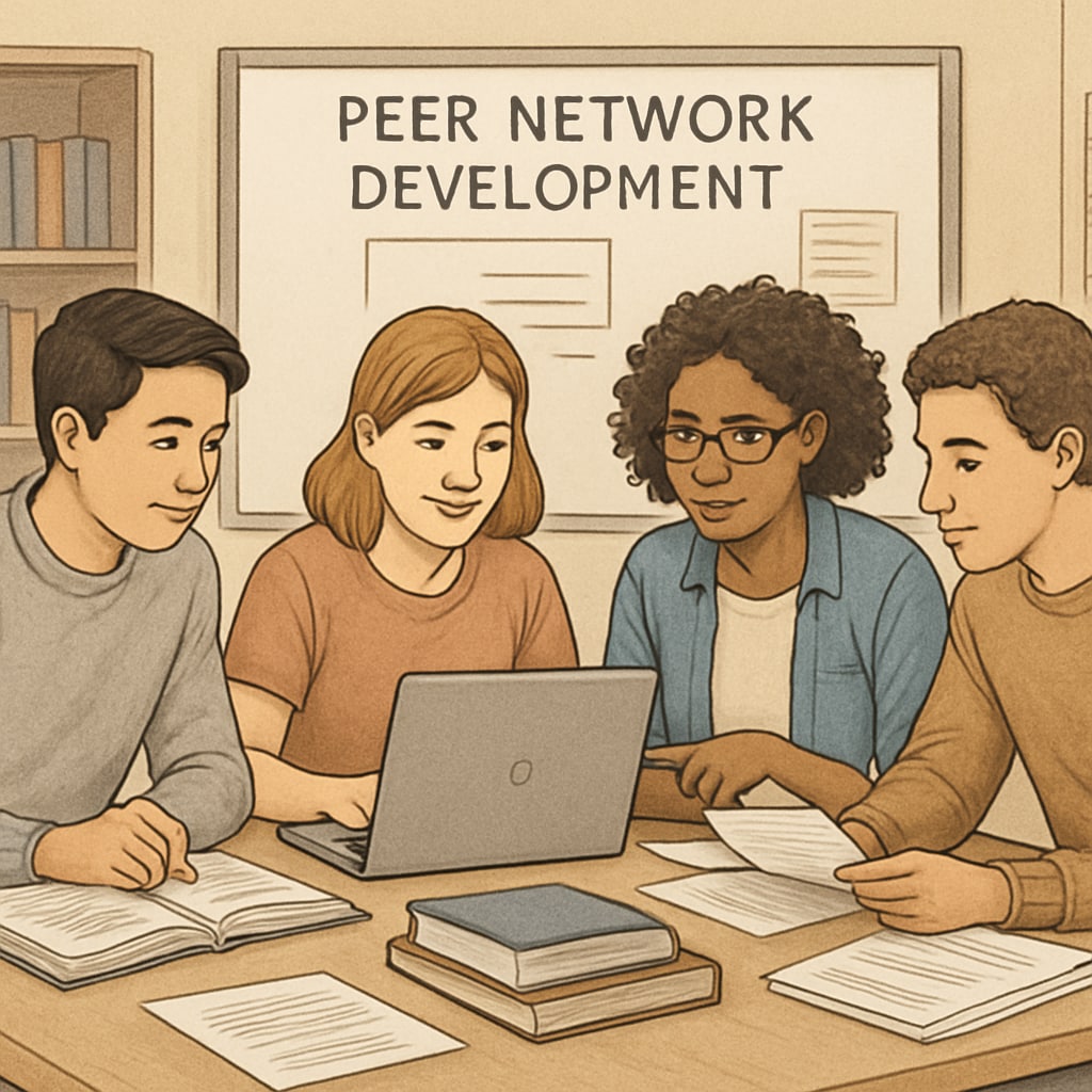 A group of students working together on a classroom project to illustrate peer network development. Building peer networks to enhance student engagement and completion rates.